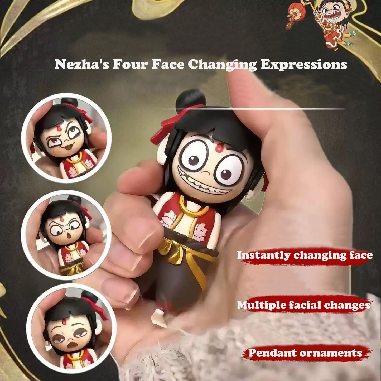 Nezha's Ocean Rebellion Press-Action Desk Toy Figurine,Nezha Emoji Keychain with Transformable Faces