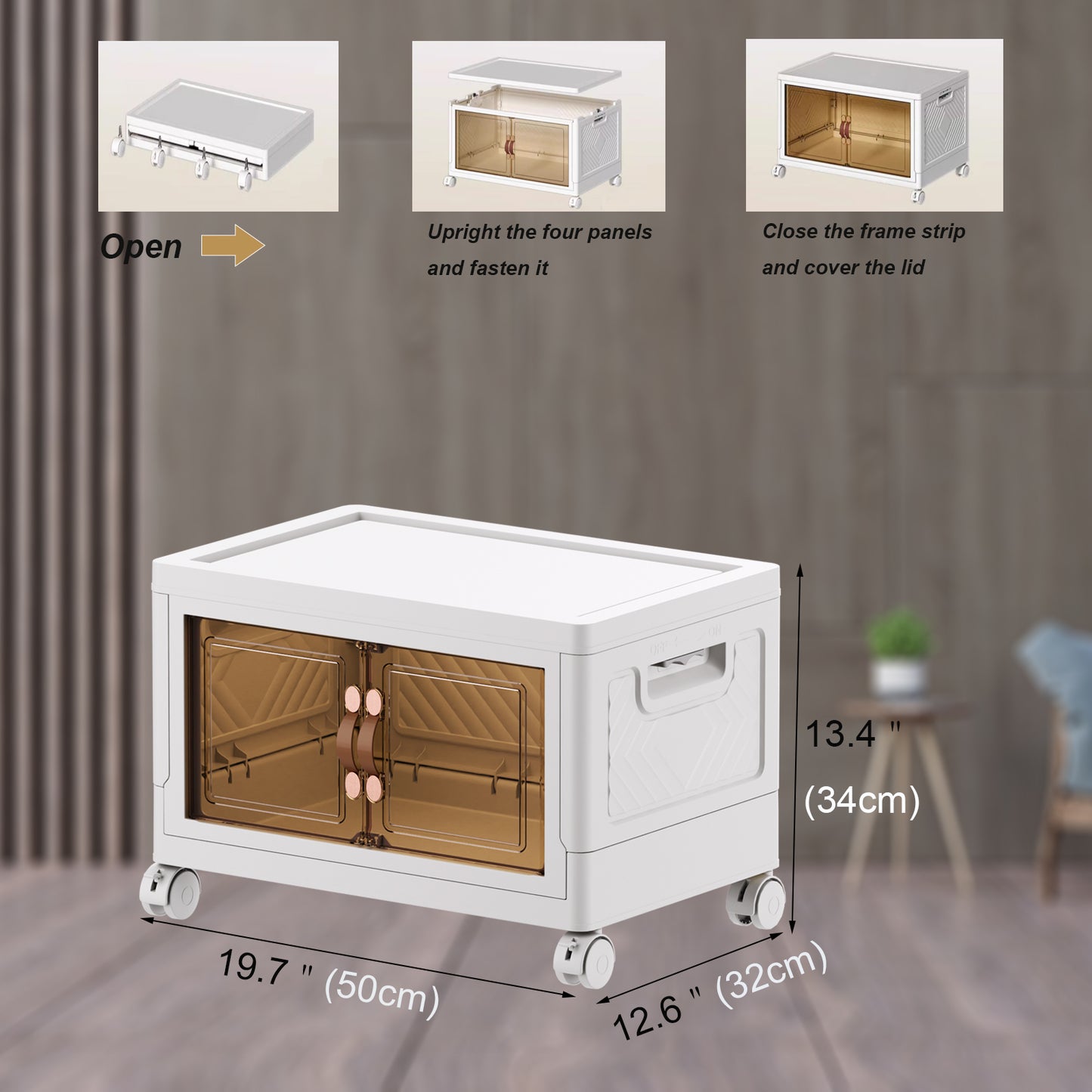 Stackable Storage Bins with Lid,  Plastic Collapsible Storage Cabinet, Foldable Folding Box Organizer/Storage Container Cart with Wheel and Door