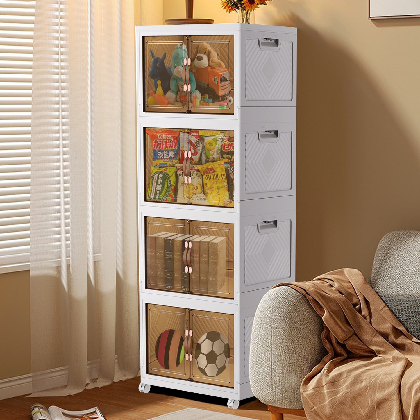 Plastic Foldable with Doors Clear Collapsible Storage Cabinet with Wheels Large Folding Stackable Closet Storage