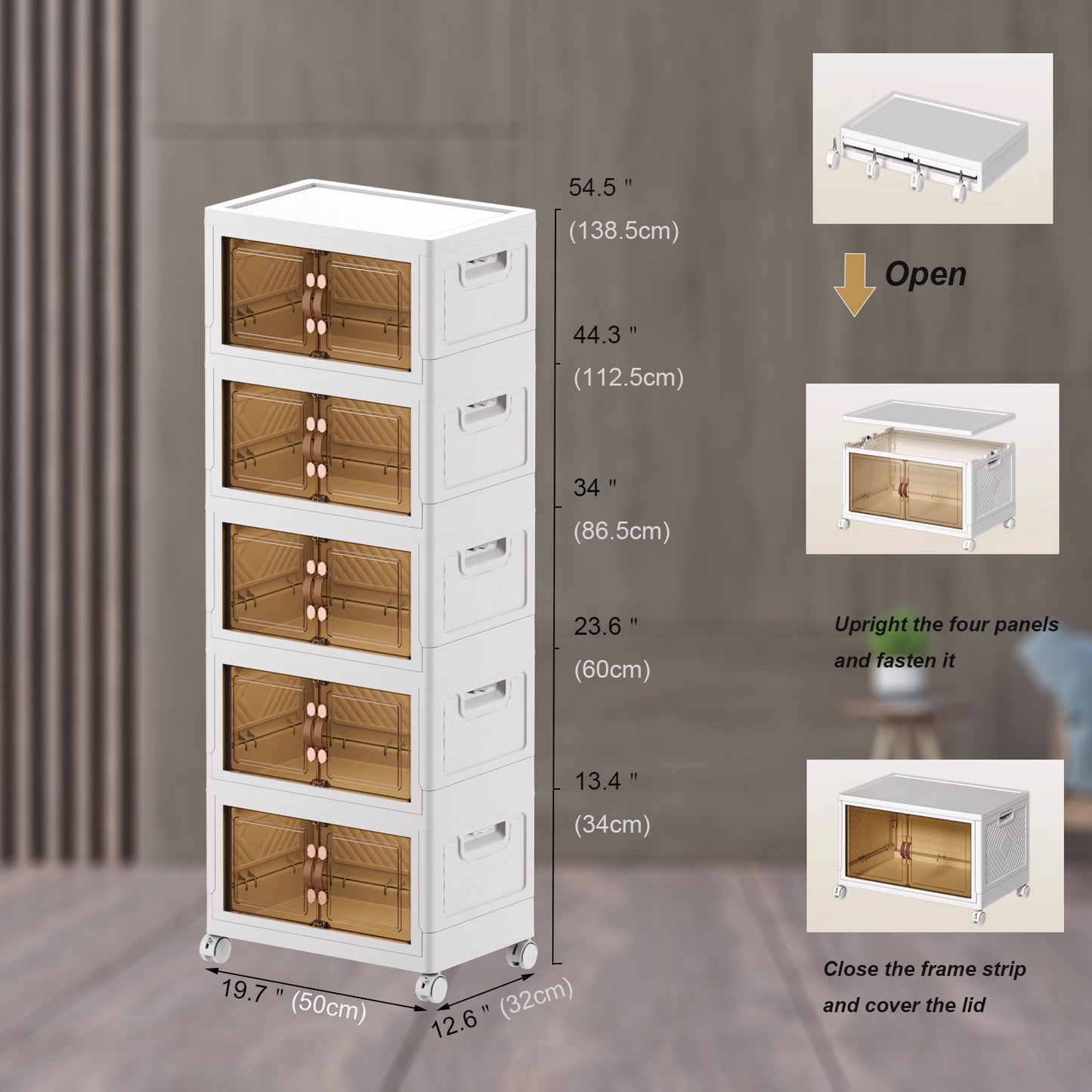 Plastic Foldable with Doors Clear Collapsible Storage Cabinet with Wheels Large Folding Stackable Closet Storage