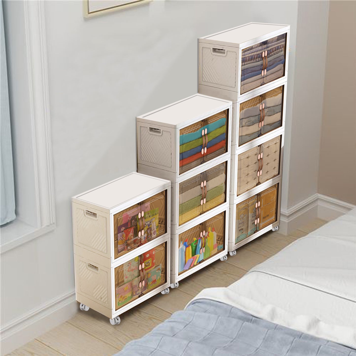 Plastic Foldable with Doors Clear Collapsible Storage Cabinet with Wheels Large Folding Stackable Closet Storage